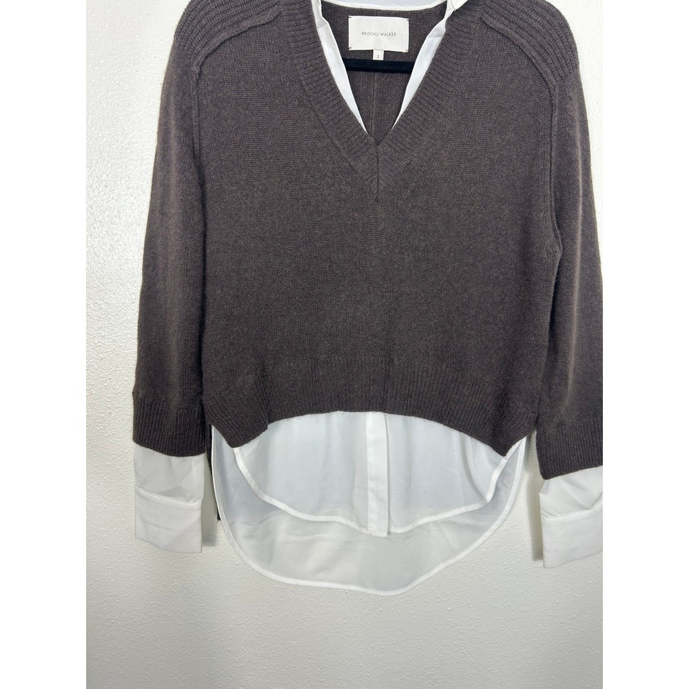 Brochu Walker Looker Layered V-Neck Sweater Wool Cashmere Char Brown Melange S - Picture 5 of 11